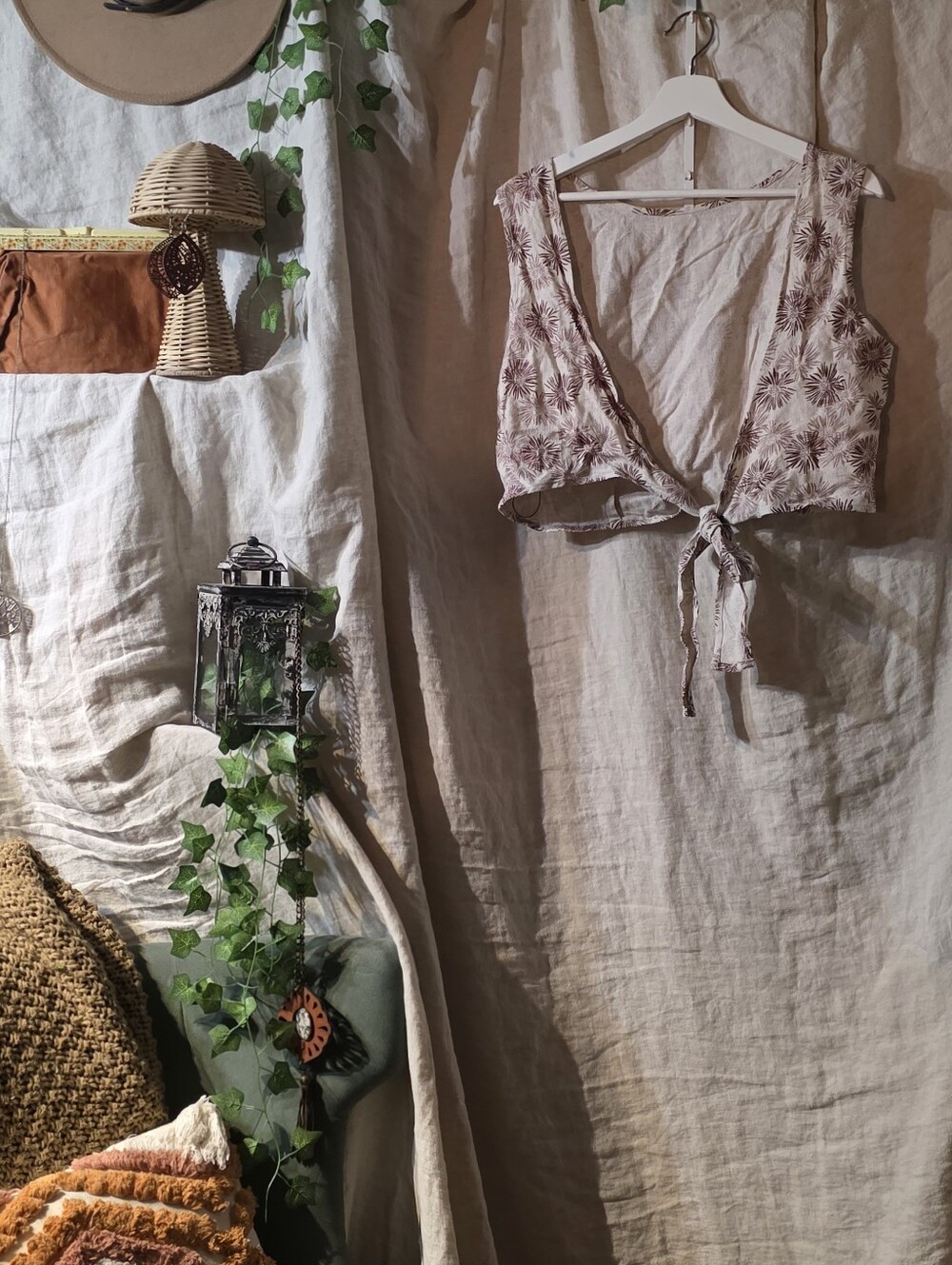 Boho Linen Blend Floral Tie-Front Crop Top